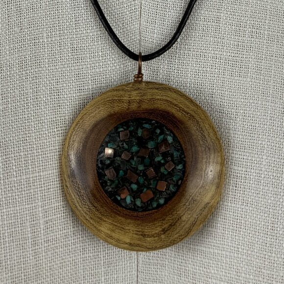 Handcrafted Wood and Resin Pendant Necklace 20" Cord Copper Clasp Rustic Art - Picture 2 of 7